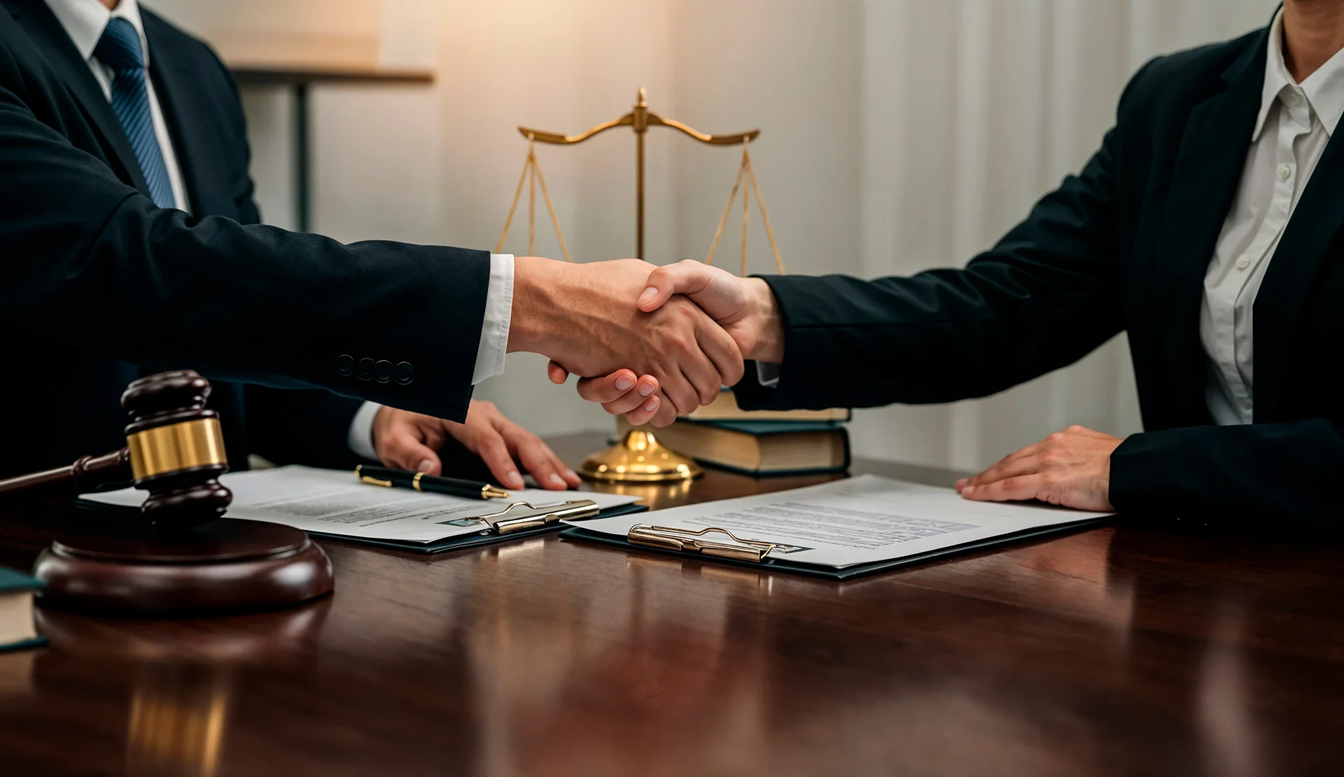 Two individuals in business attire shake hands over a table with legal documents and a gavel, symbolizing agreement or partnership.