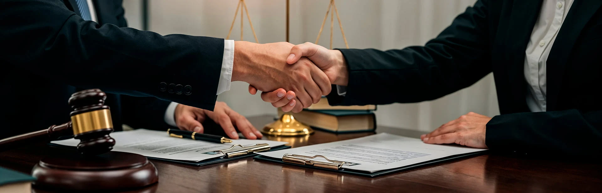 Two professionals in business attire shake hands over legal documents, with a gavel and scales of justice visible in the background.